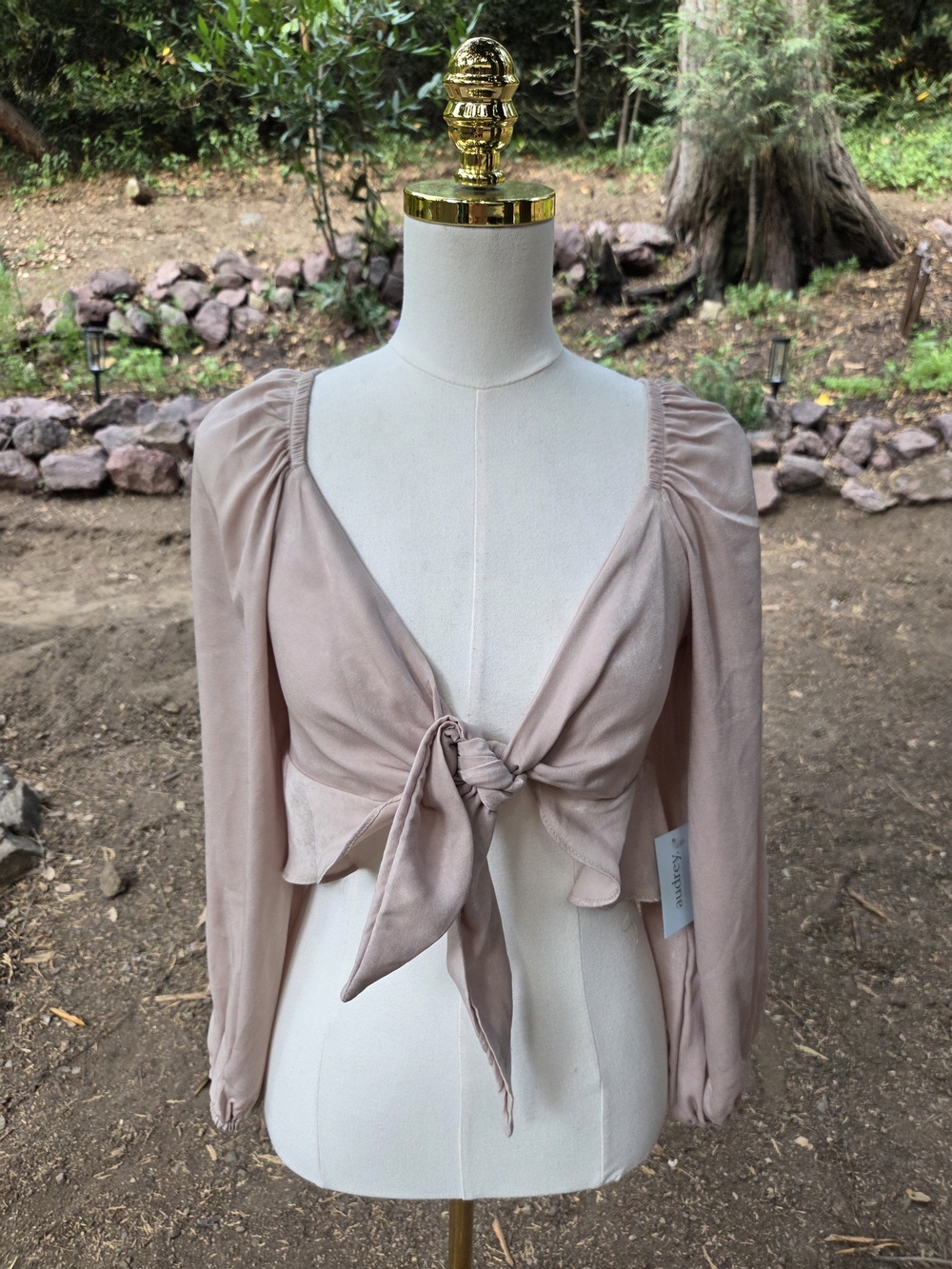 Audrey 3 + 1 NWT Beige Tie-Front Long Sleeve Crop Top